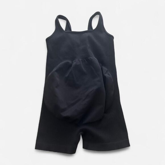 Maternity pregnancy Black Ribbed One-Piece romper – Sleek Athleisure medium - Picture 3 of 6